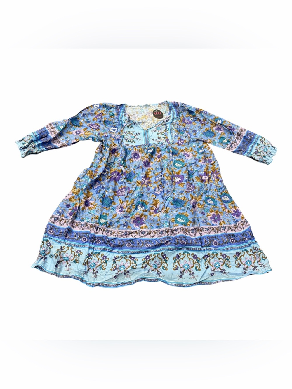 Bluetime Boho Floral Tunic Dress Womens Size Large 100% Viscose Peasant NEW